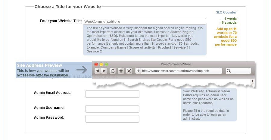 eCommerce website title and administrator credentials