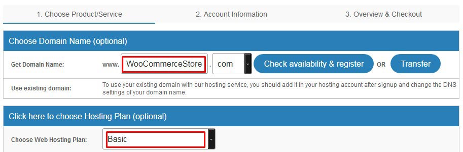 Order domain and hosting plan