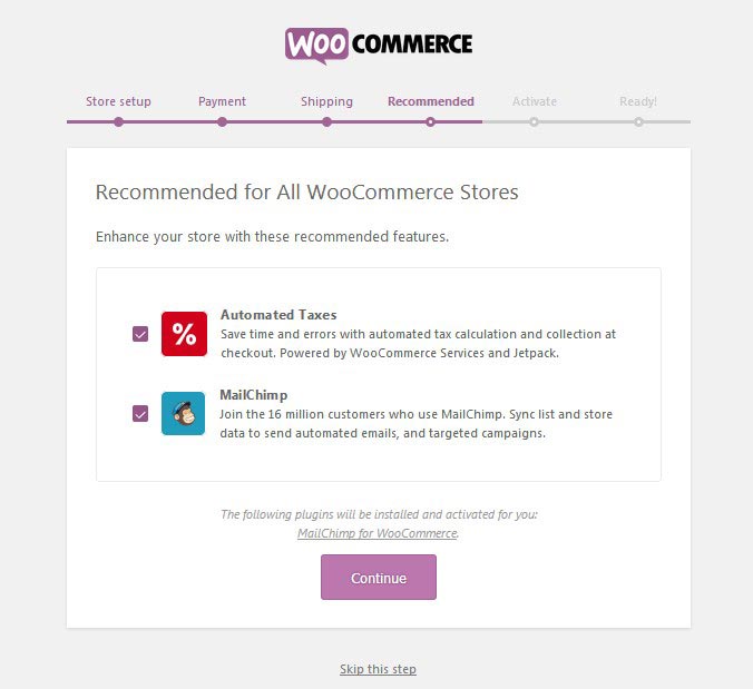 WooCommerce Recommended Setup Page