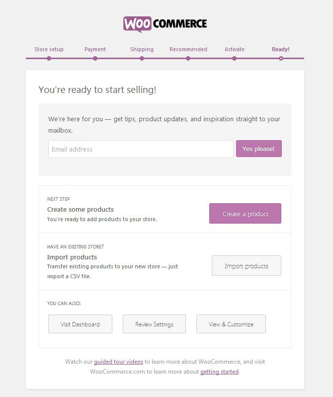 WooCommerce Setup Ready Page