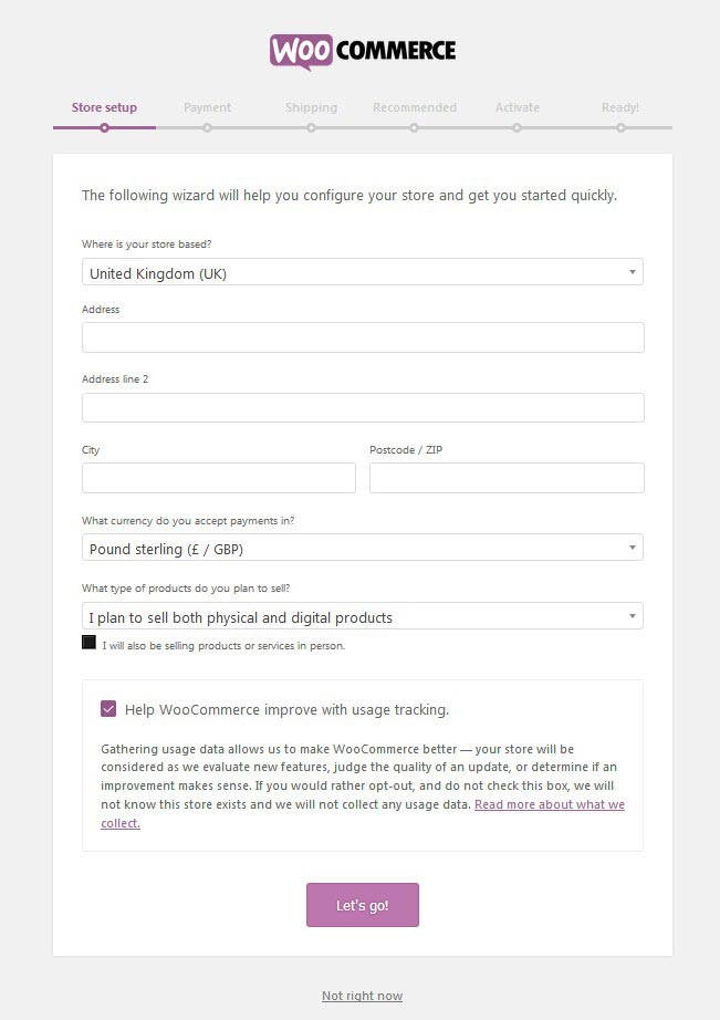 WooCommerce store setup page