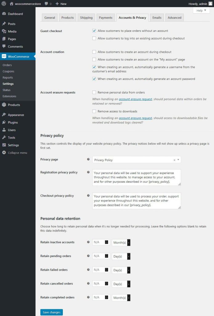 WooCommerce Settings Accounts & Privacy