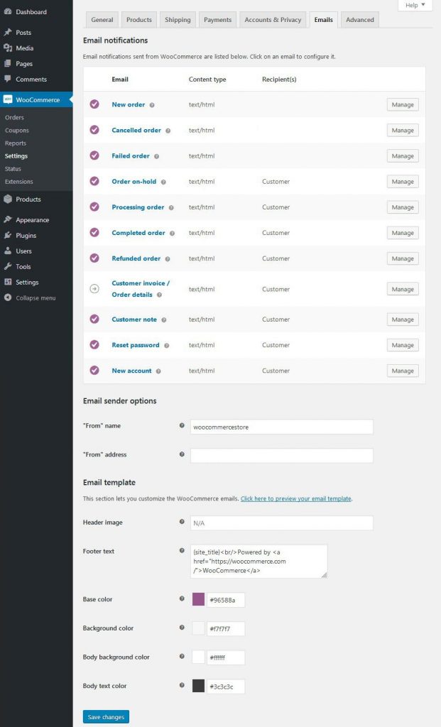 WooCommerce Settings Emails