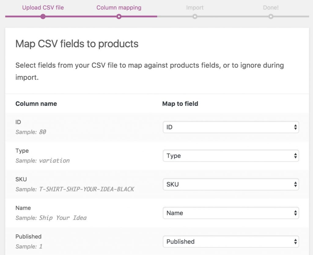 Map CSV fields to products