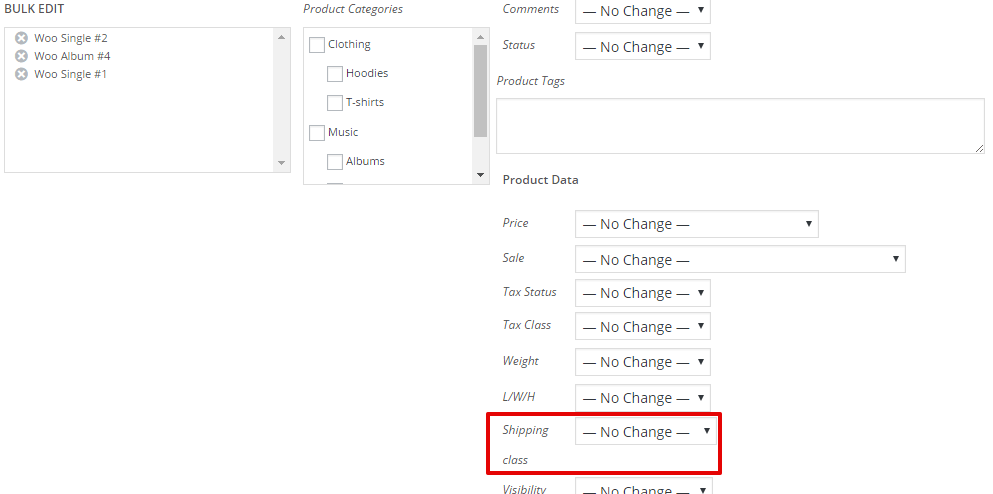 Bulk Editing shipping classes for products