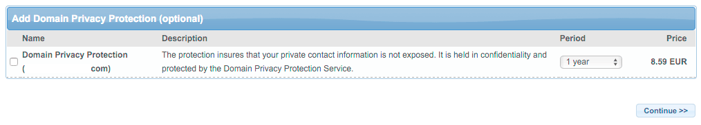 Domain Privacy Protection is an optional purchase, that is billed annually by default.