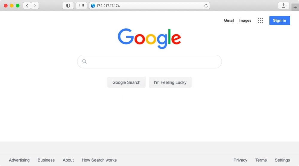 You can access Google's homepage by typing 172.217.17.174 as the URL code, but it is much easier just to enter https://google.com/.