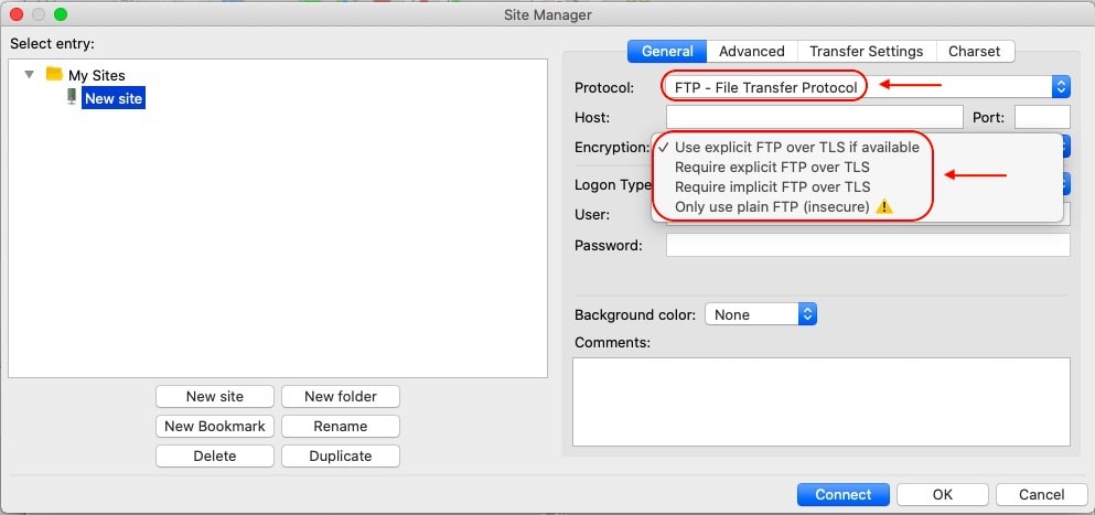 FileZilla folds its FTPS features under the FTP connection option.