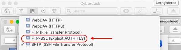 Cyberduck lets you choose FTP-SSL right from the main list of connection types.