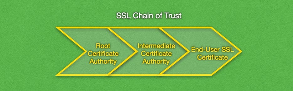 The Root Certificate Authorities are trusted by devices implicitly. The Root CAs create Intermediate CAs that are also trusted by extension. Lastly, the Intermediate CAs issue end-user TLS/SSL certificates.