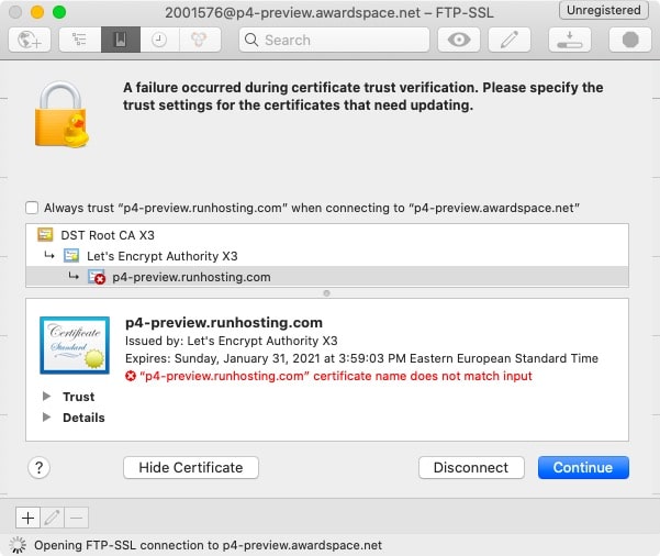 When you try connecting to an FTPS server that uses a self-signed TLS/SSL certificate, your FTPS client will likely prompt you with a warning message that it could not confirm the server’s identity.