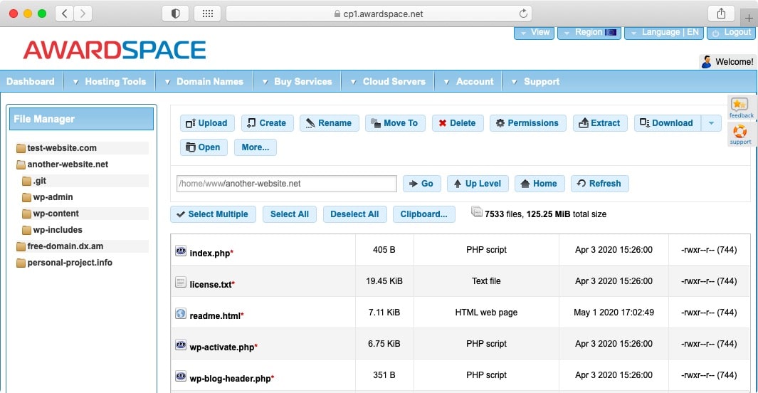 The AwardSpace File Manager allows you to access, download, and upload files with just a few clicks.