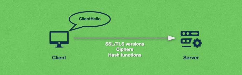 The client introduces itself and presents its supported SSL/TLS versions, ciphers, and hash functions.