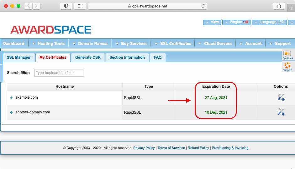 The SSL Manager conveniently displays the expiration date for all purchased certificates.