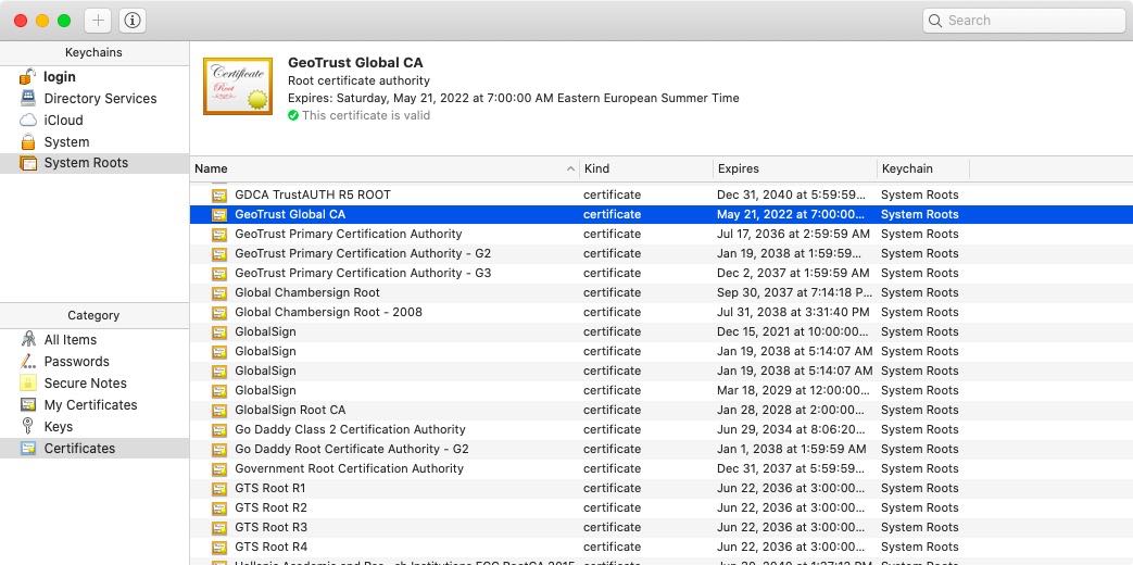 Every operating system has a Trusted Root CA store. In macOS, the Trusted Root Certificates are stored in an application called Keychain.