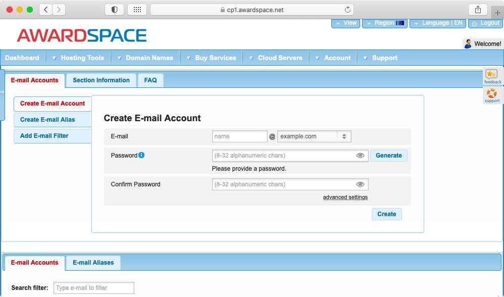 The email account creation form is shown by default when you go to the Email Accounts section of the Control Panel.