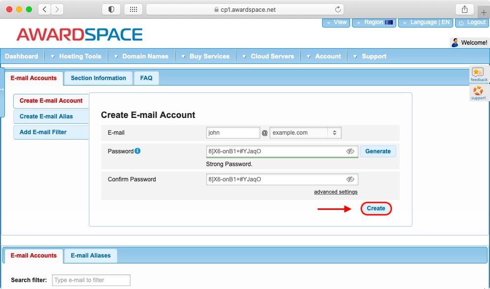 All that’s needed to create an email account is to specify the account name and password.