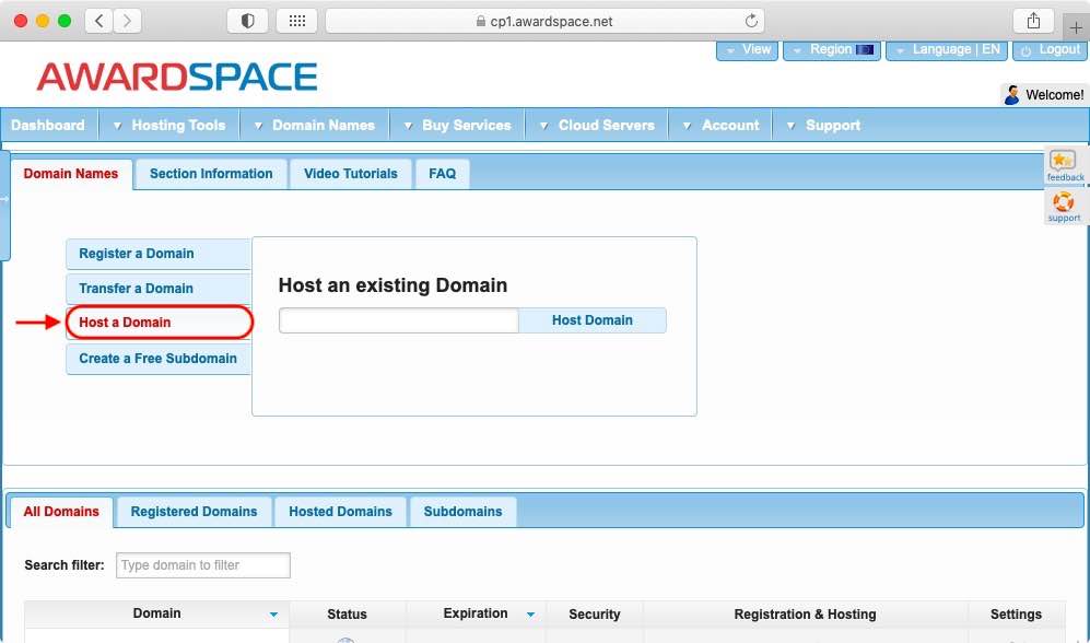 You can point your domain name to AwardSpace through the Host a Domain option in the Domain Manager.