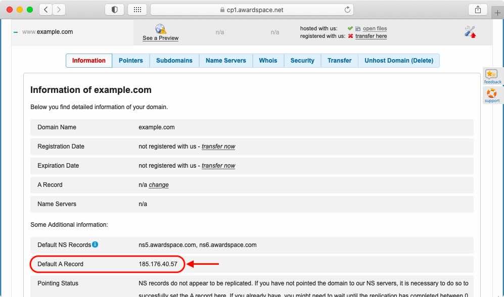 You can find out the A record value that you need to be using to point your domain name to AwardSpace in the Domain Manager.