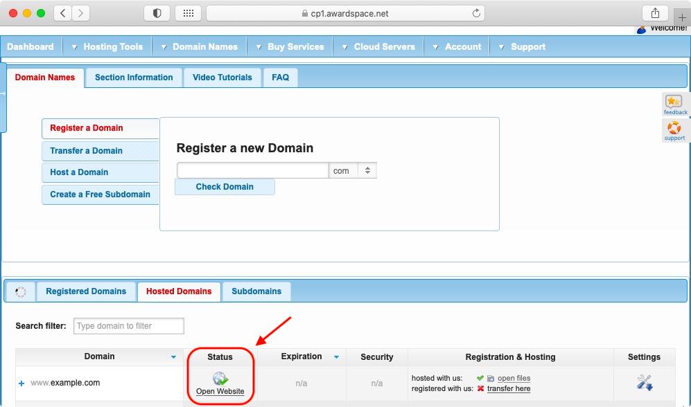 Once the domain pointing process has completed, you will see a green checkmark next to the globe icon in the Domain Manager.