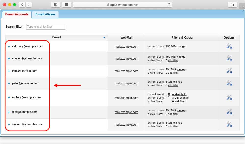 All of your existing email accounts are listed right below the email address creation form.