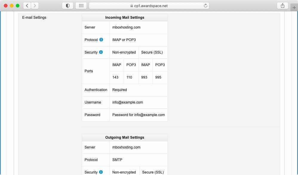 The E-mail Settings section contains the details of the incoming and outgoing mail servers.