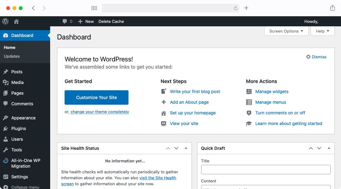 The WordPress Dashboard is the default page you land on once you log into the WordPress back-end.