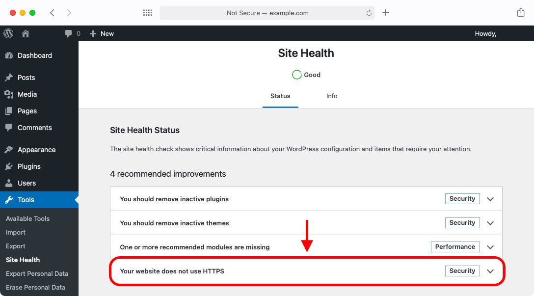 The Site Health screen contains various recommendations for improving your site performance, stability, and security.