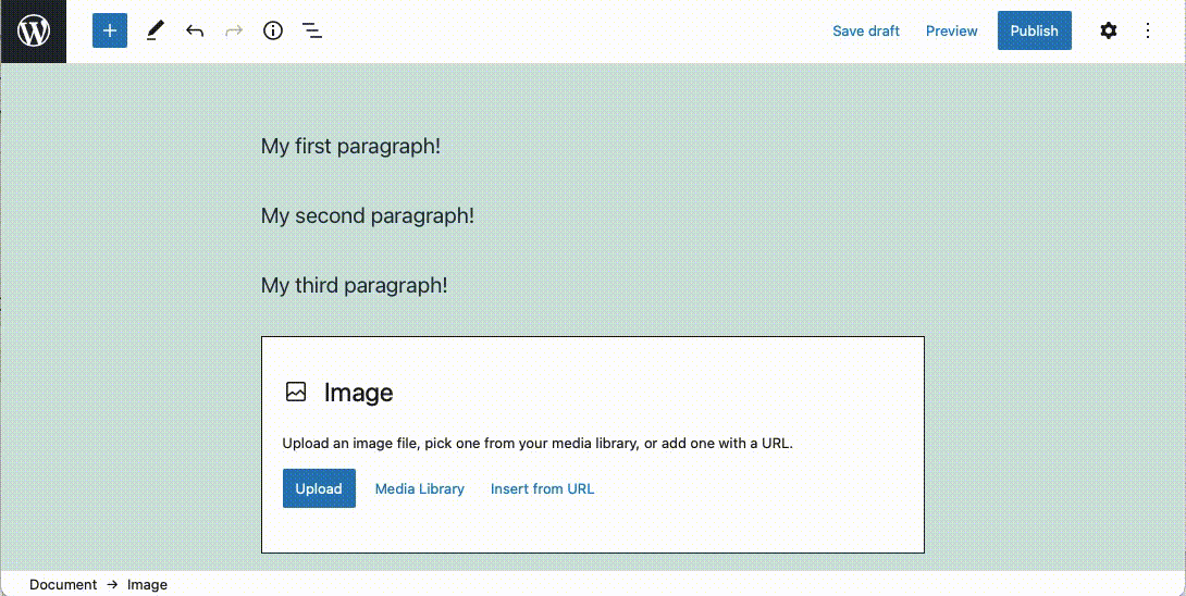 The WordPress Block Editor allows you to drag and drop images.