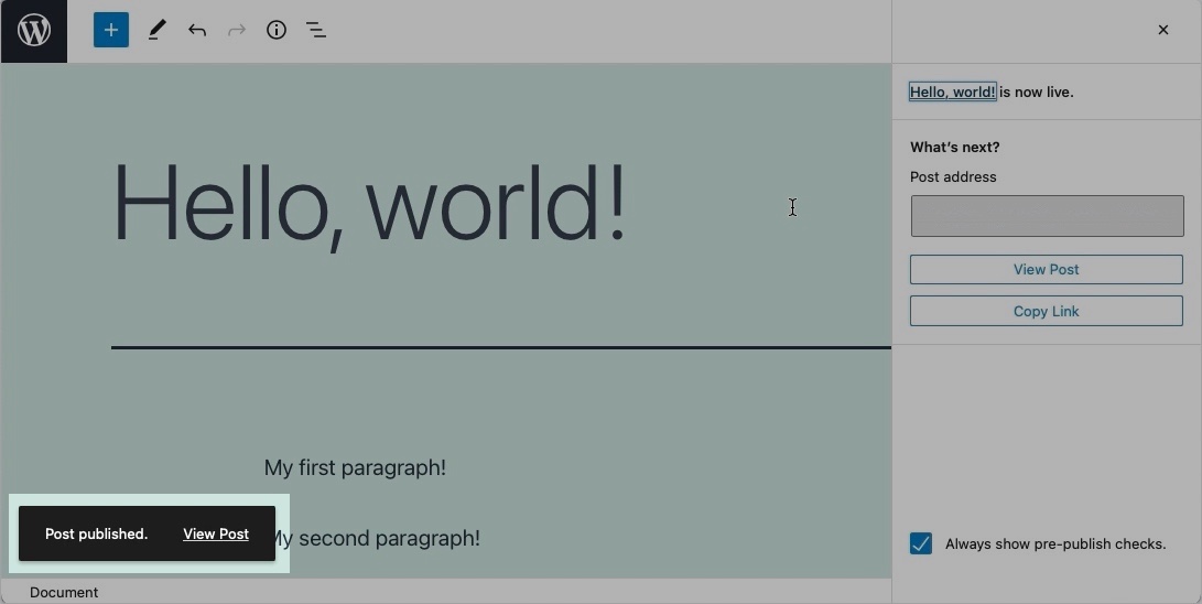 WordPress will provide you with a small notification in the lower-left corner every time you successfully publish or update your post.