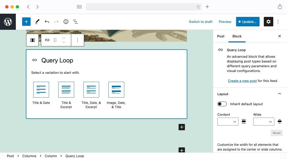 The Query Loop block is capable of cycling through a predefined set of posts and displaying specific information about each entry.