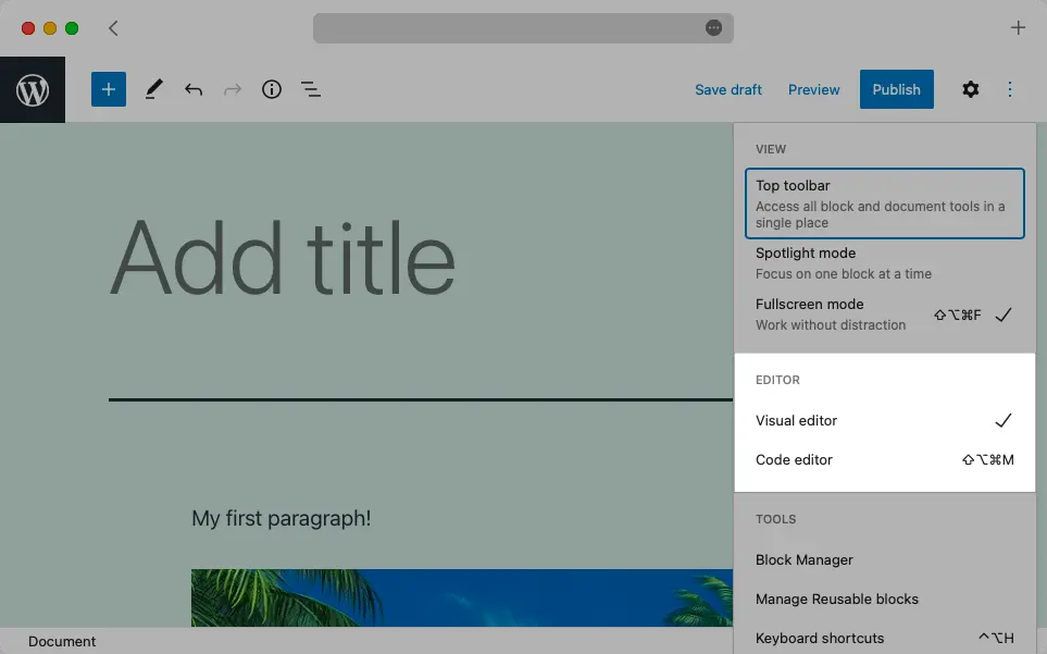 The Gutenberg settings allow you to toggle between the Visual Editor and the Code Editor.