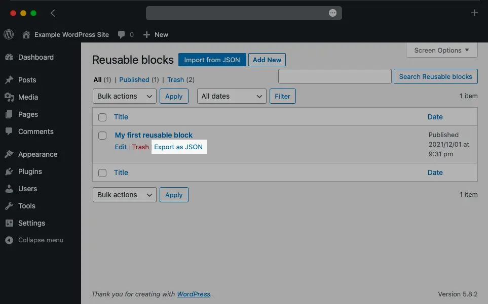 You can export a reusable block as a JSON file with a single click from the Reusable Blocks Manager.