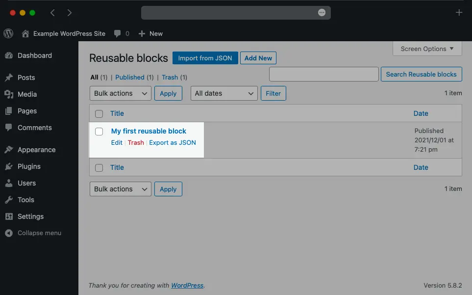 The WordPress Reusable Blocks Manager has the same design as the Posts and Pages sections.