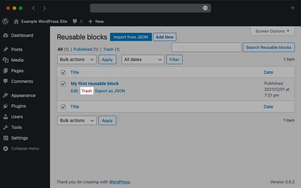 WordPress allows you to delete reusable blocks using a Trash button.