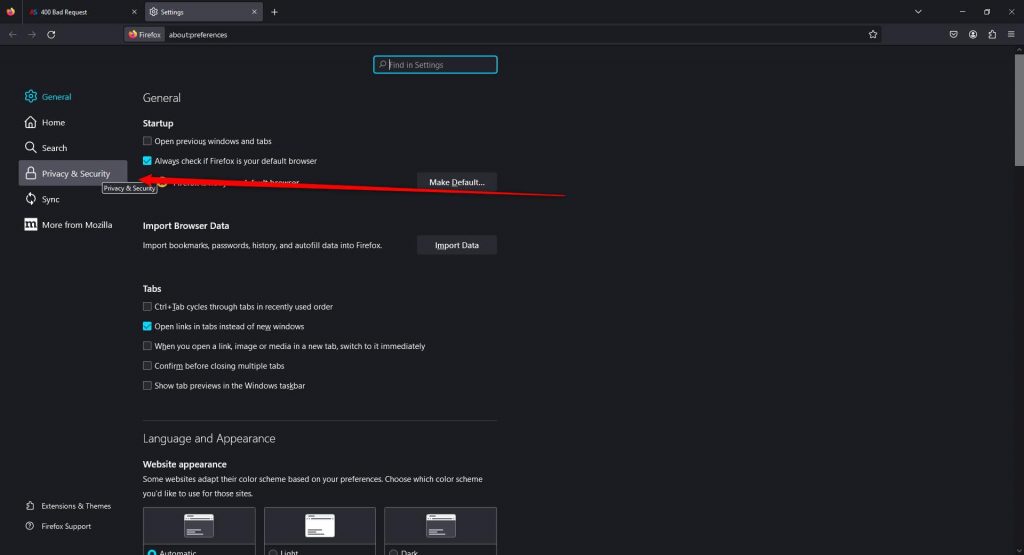HTTPS Error 400 Bad Request Mozilla Firefox Privacy and Security Options