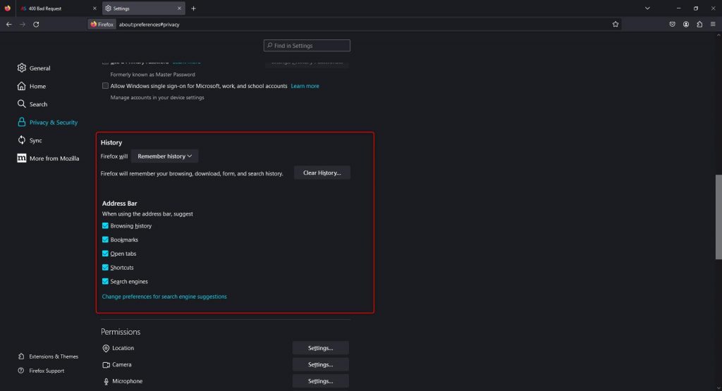 HTTPS Error 400 Bad Request Mozilla Firefox Brwosing Data Options