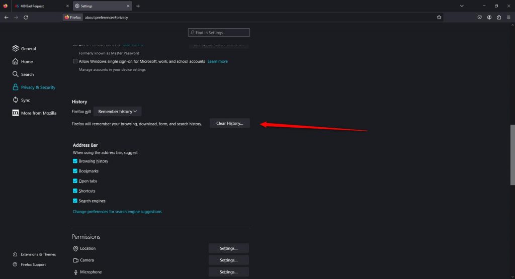 HTTPS Error 400 Bad Request Mozilla Firefox Clear Browsing History