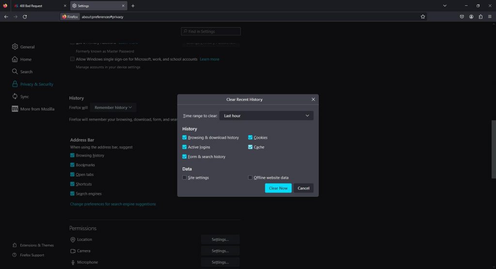 HTTPS Error 400 Bad Request Mozilla Firefox Clear Browsing History Options