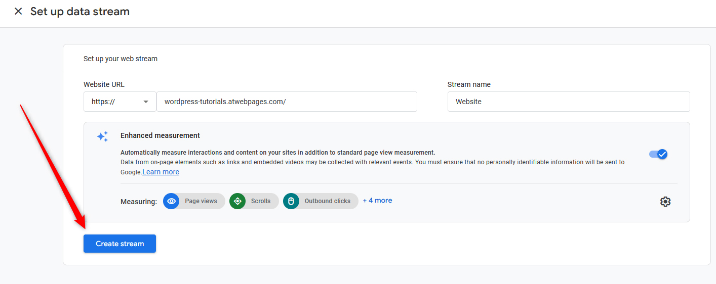 Google Analytics 4 Website Create Stream