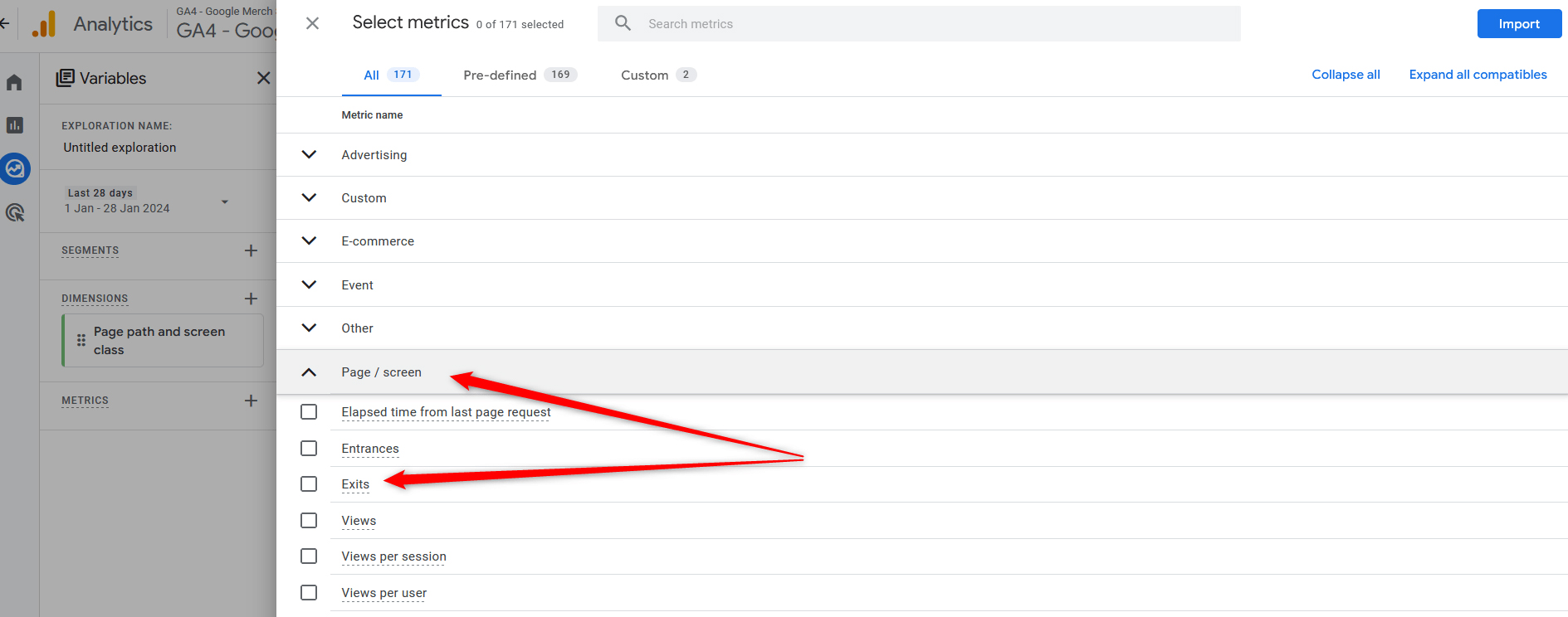 Google Analytics 4 Metrics Explore Blank Exploration Template Add Page Exit Metric