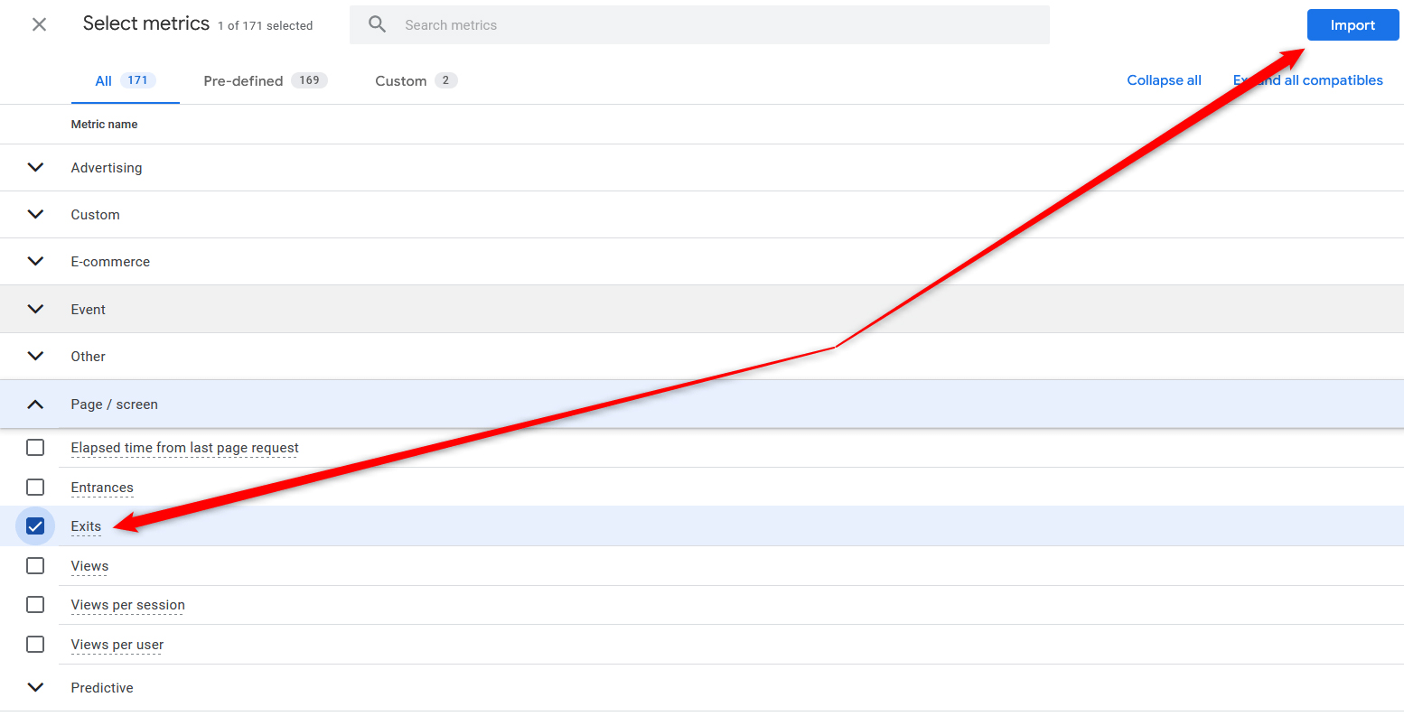 Google Analytics 4 Metrics Explore Blank Exploration Template Page Exit Metric Import to Report