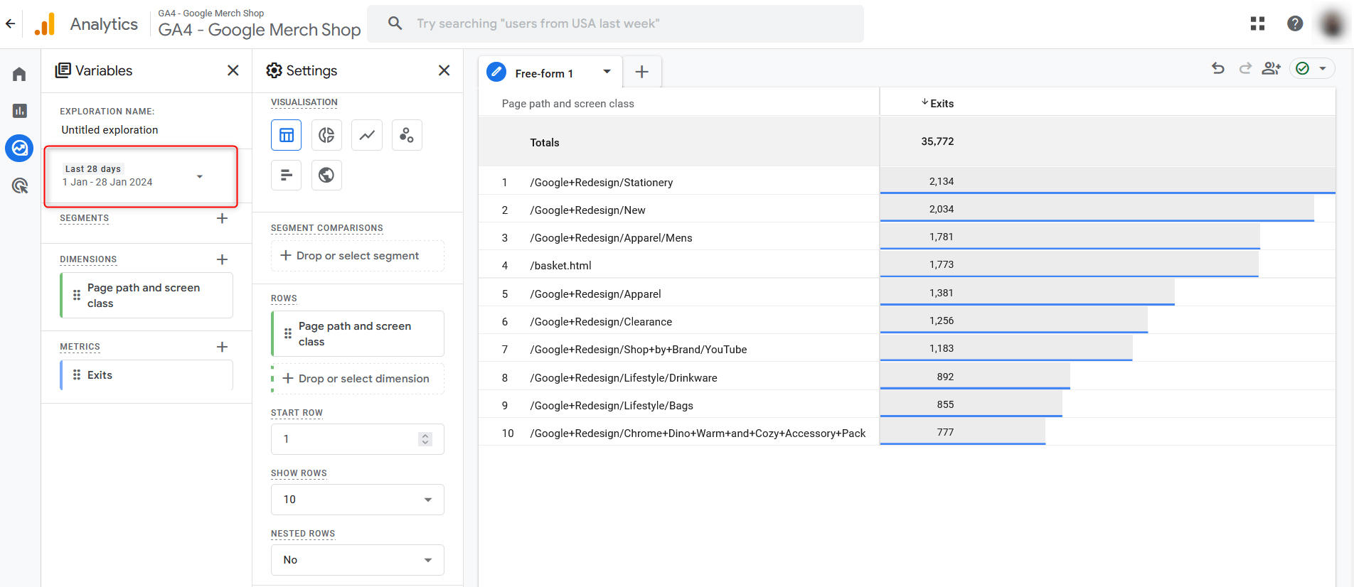 Google Analytics 4 Metrics Explore Blank Exploration Template Page Exit Report Change Period