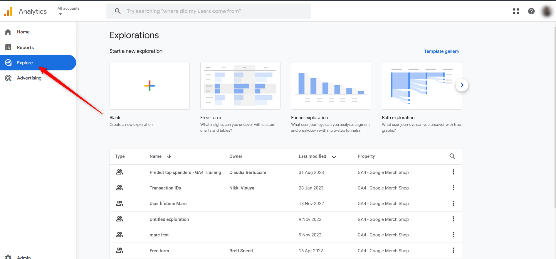 Navigate Google Analytics 4 Explore Section