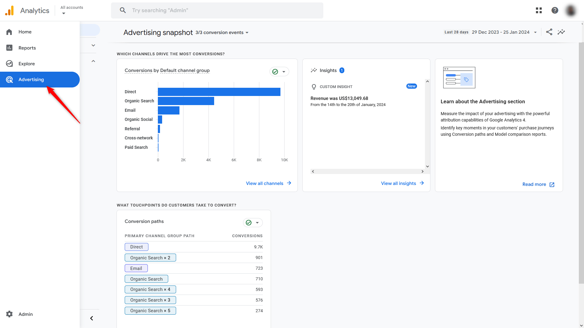 Access Advertising Report in Google Analytics 4