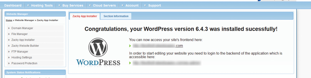 WordPress installation finished message