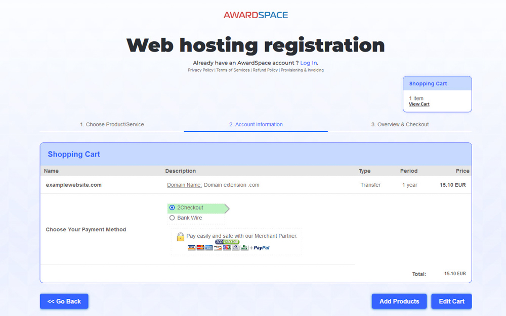 Register a domain name payment details