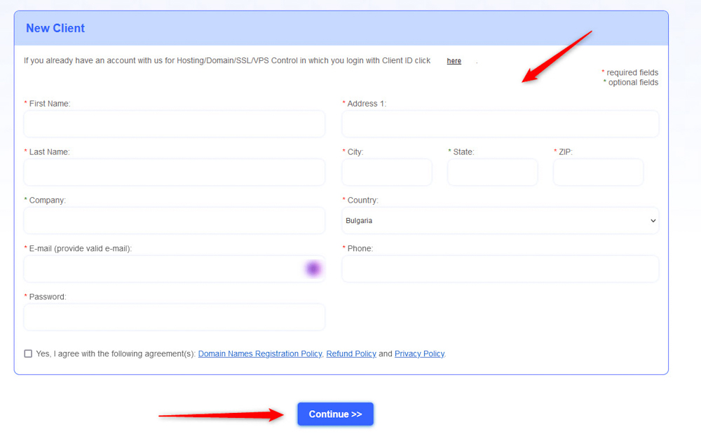 Register a domain name account details