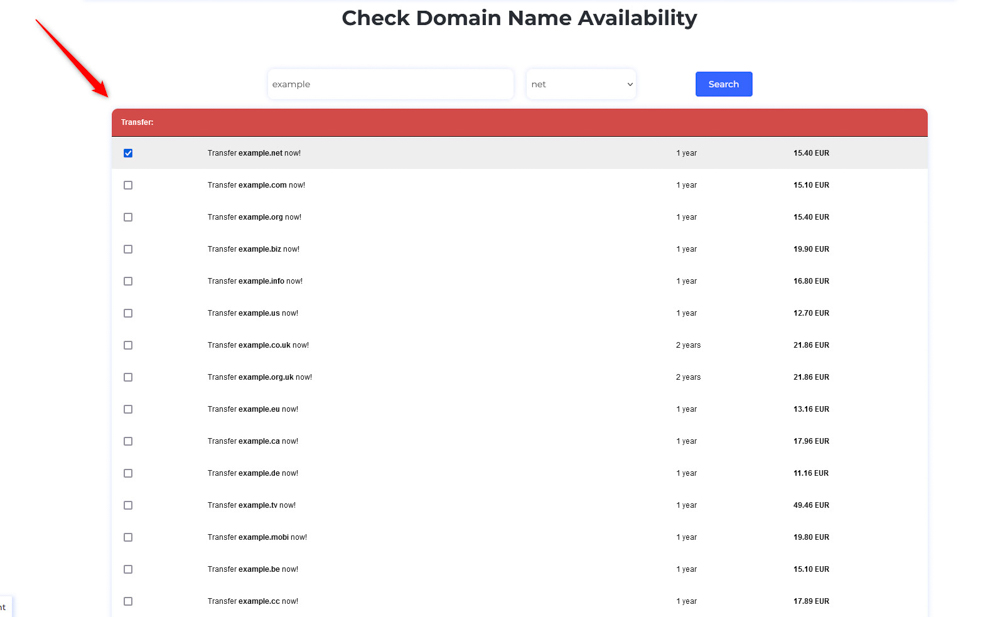 Browse the list of available domain names