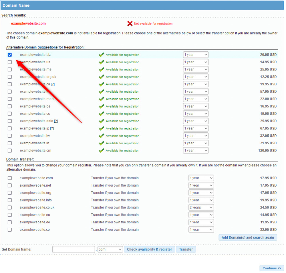 Select an available domain name 